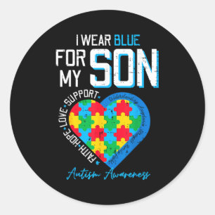 Pegatina Redonda El autismo usa azul por la conciencia del hijo pap