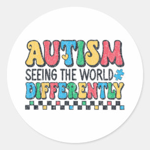 Pegatina Redonda El Autismo Ve El Mundo Distinguido Autismo Retro A