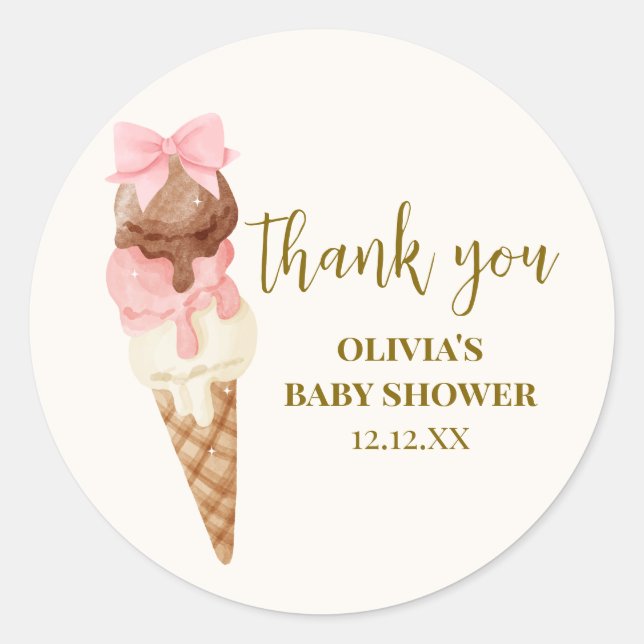Pegatina Redonda El Baby Shower Scoop Bow Ice Cream Gracias (Anverso)