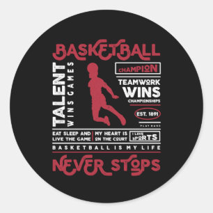 Pegatina Redonda El baloncesto nunca se detiene (diseño alternativo