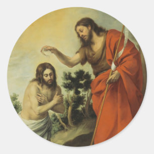 Pegatina Redonda El bautismo de Cristo de Bartolome Esteban Murillo