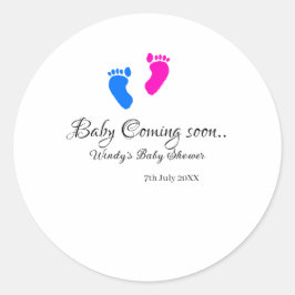 Pegatina Redonda El bebé se acerca pronto la ducha bebé azul rosa p