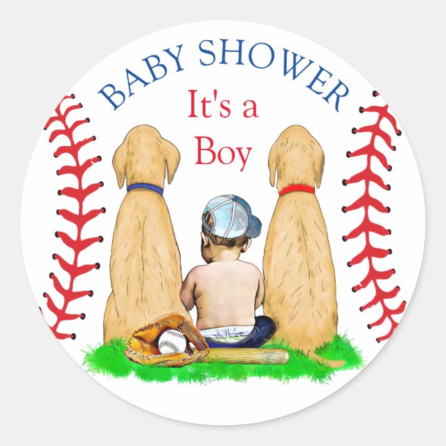 Pegatina Redonda El béisbol de niños con el tema Baby Shower 2 Labs (Anverso)