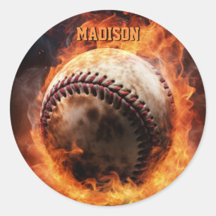 Pegatina Redonda El béisbol de texto personalizado en el fuego