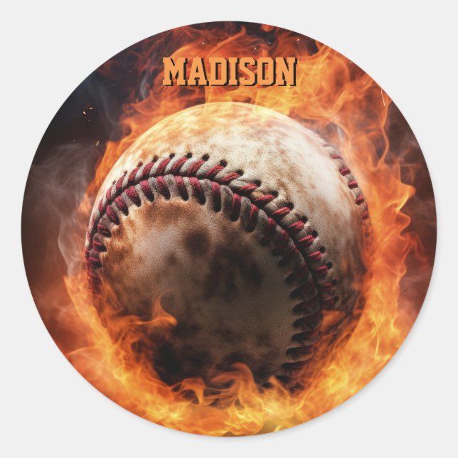 Pegatina Redonda El béisbol de texto personalizado en el fuego (Anverso)