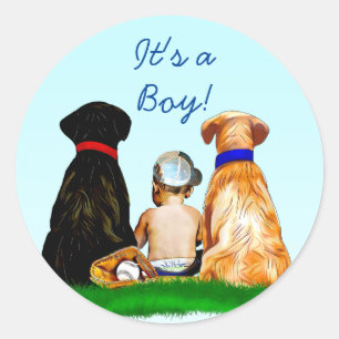 Pegatina Redonda El béisbol infantil y los perros son temas de Baby