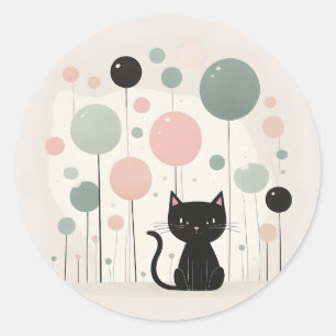 Pegatina Redonda El Boho minimalista adorna un gato negro con globo