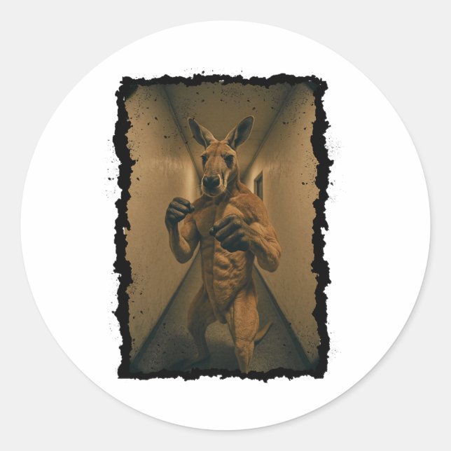 Pegatina Redonda El Boxeo Retro Kangaroo De Pie En El Hallway Fun (Anverso)