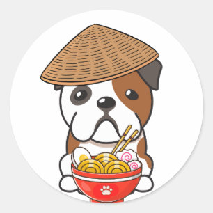 Pegatina Redonda El bulldog inglés gracioso es comer fideos