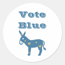 Pegatina Redonda El burro democrático y los corazones votan AZUL