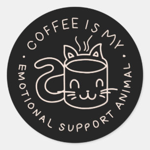 Pegatina Redonda El Café Es Mi Apoyo Emocional Animal
