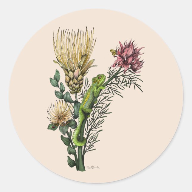 Pegatina Redonda El camaleón lindo en el Bouquet floral arte botáni (Anverso)