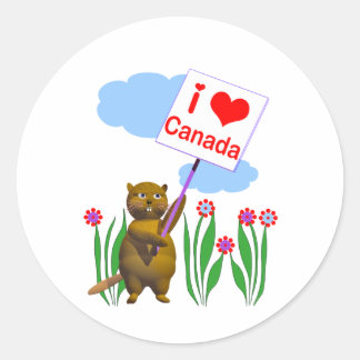 Pegatina Redonda El castor canadiense ama a Canadá
