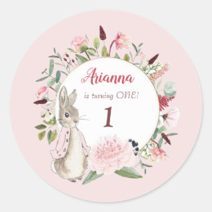 Pegatina Redonda El clásico Pedro Rosa de Conejo Cumpleaños Floral