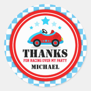 Pegatina Redonda El coche de carreras azul le agradece favorecer la