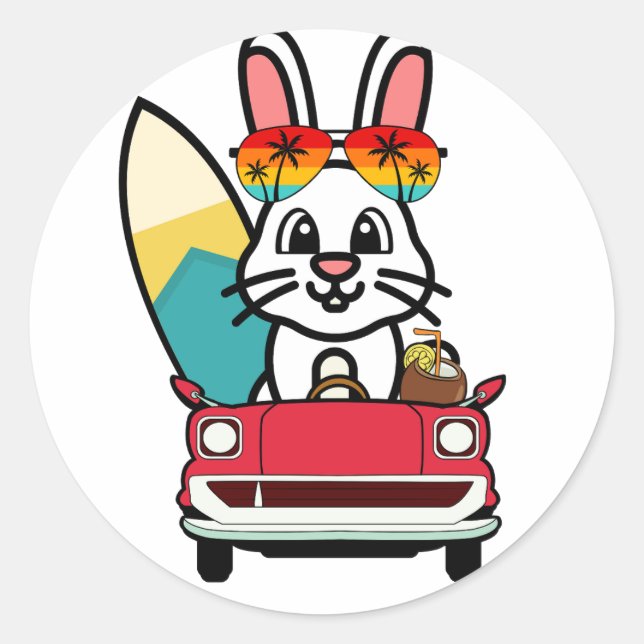 Pegatina Redonda El conejo blanco es gracioso y se dirige a la play (Anverso)