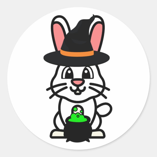 Pegatina Redonda El conejo blanco gracioso es una bruja. (Anverso)