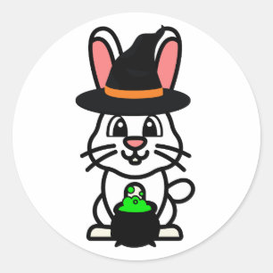 Pegatina Redonda El conejo blanco gracioso es una bruja.