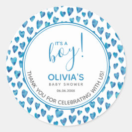 Pegatina Redonda El corazón azul lindo Baby Shower es un niño