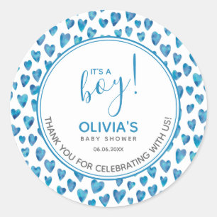 Pegatina Redonda El corazón azul lindo Baby Shower es un niño