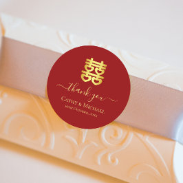 Pegatina Redonda El corazón del boda chino rojo duplica la felicida