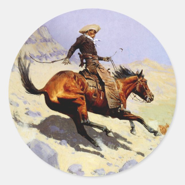 Pegatina Redonda El Cowboy de Remington, militar de caballería de é (Anverso)