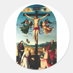 Pegatina Redonda El Cristo Crucificado con la Virgen María
