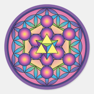 Pegatina Redonda El cubo Merkaba de Metatron en la flor de la vida