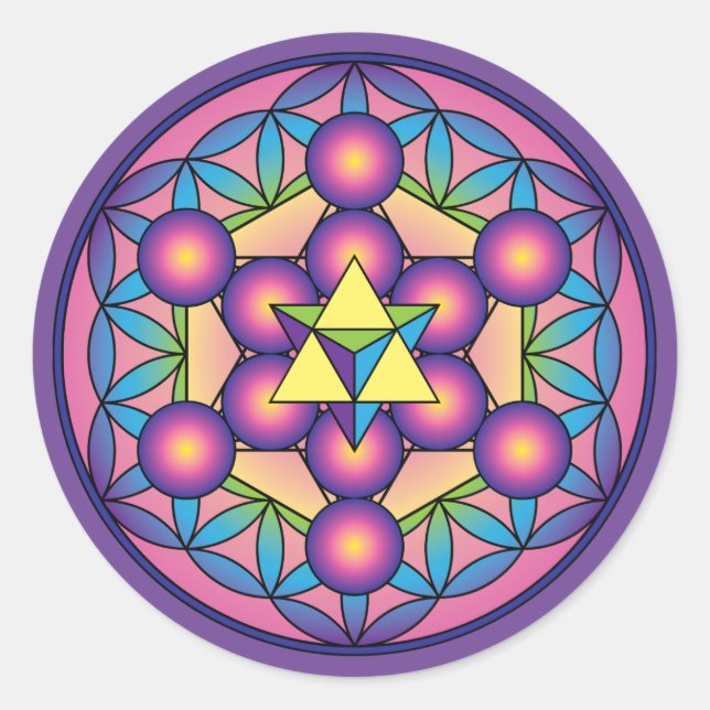Pegatina Redonda El Cubo Merkaba de Metatron sobre las flores de la (Anverso)