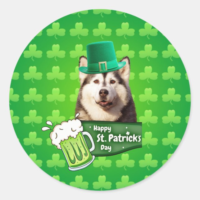 Pegatina Redonda El delicioso Gorra siberiano Husky Dog St. Patrick (Anverso)