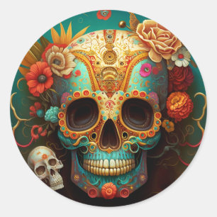 Pegatina Redonda El Día De La Calavera Del Azúcar
