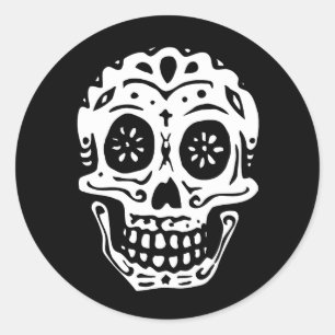 Pegatina Redonda El Día De La Muerte Calavera-Negro