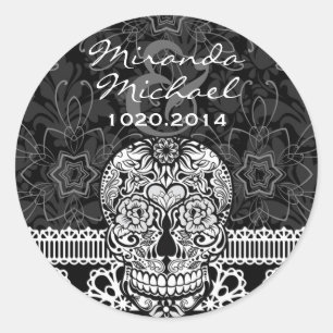 Pegatina Redonda El Día de los Muertos del Azúcar en Lace, salva la