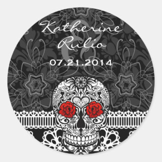 Pegatina Redonda El Día de los Muertos del Azúcar en Lace, salva la