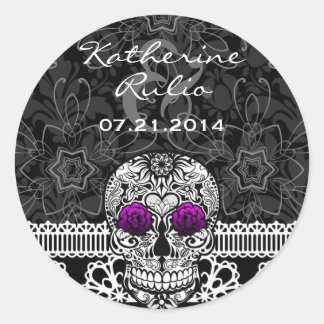 Pegatina Redonda El Día de los Muertos del Azúcar en Lace, salva la