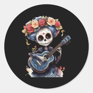 Pegatina Redonda El Día De Los Muertos Inspiró Catrina Sugar Skull