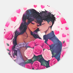 Pegatina Redonda El día de San Valentín de anime biracial