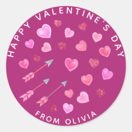 Pegatina Redonda El día de San Valentín de color de agua rosada y f