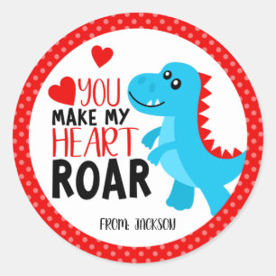 Pegatina Redonda El día de San Valentín de Dinosaur Heart Roar Kids