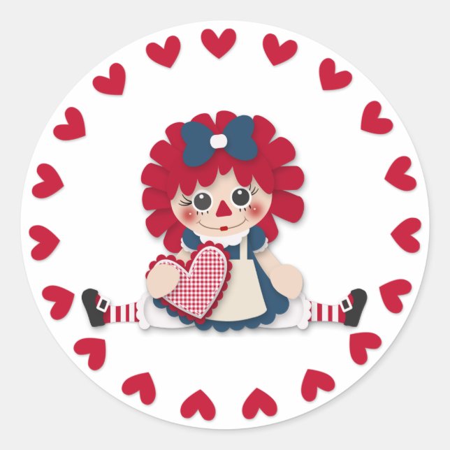 Pegatina Redonda El día de San Valentín - Muñeca Cute Rag (Anverso)