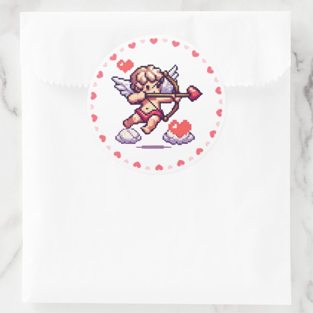 Pegatina Redonda el día de San Valentín retro cupido de 8 bits (Bolso)