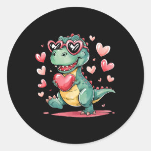 Pegatina Redonda El día de San Valentín T-rex Dinosaur Love Cute Wo