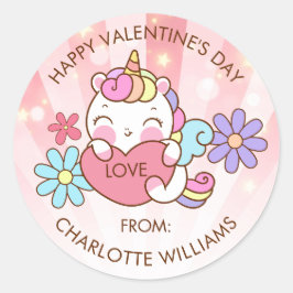 Pegatina Redonda El día de San Valentín Trendy Gift Cute Unicorn
