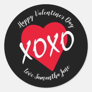 Pegatina Redonda El día de San Valentín XOXO de Corazón Rojo Negro 