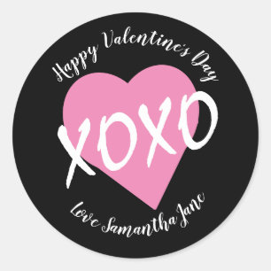 Pegatina Redonda El día de San Valentín XOXO de corazón rosado negr