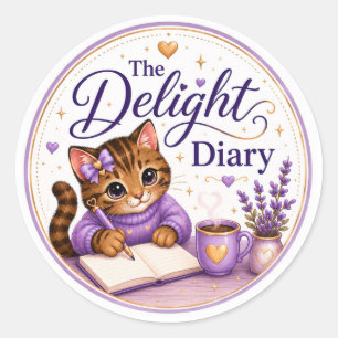 Pegatina Redonda El Diario Del Encanto Gato Lindo Purpura Dorado