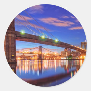 Pegatina Redonda El East River, puente de Brooklyn, Manhattan