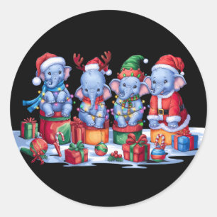 Pegatina Redonda El elefante bebé Santa hat se anima a los Navidade