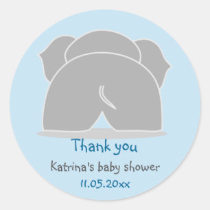 Pegatina Redonda El elefante gris lindo Baby Shower azul le