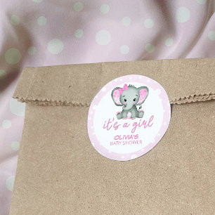 Pegatina Redonda El elefante lindo rosa es un Baby Shower Chica